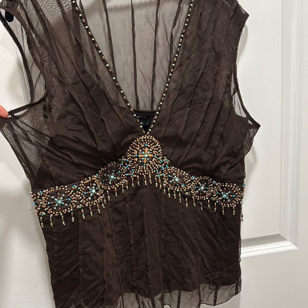 Y2K Embellished turquoise beaded line sheer Brown Top.